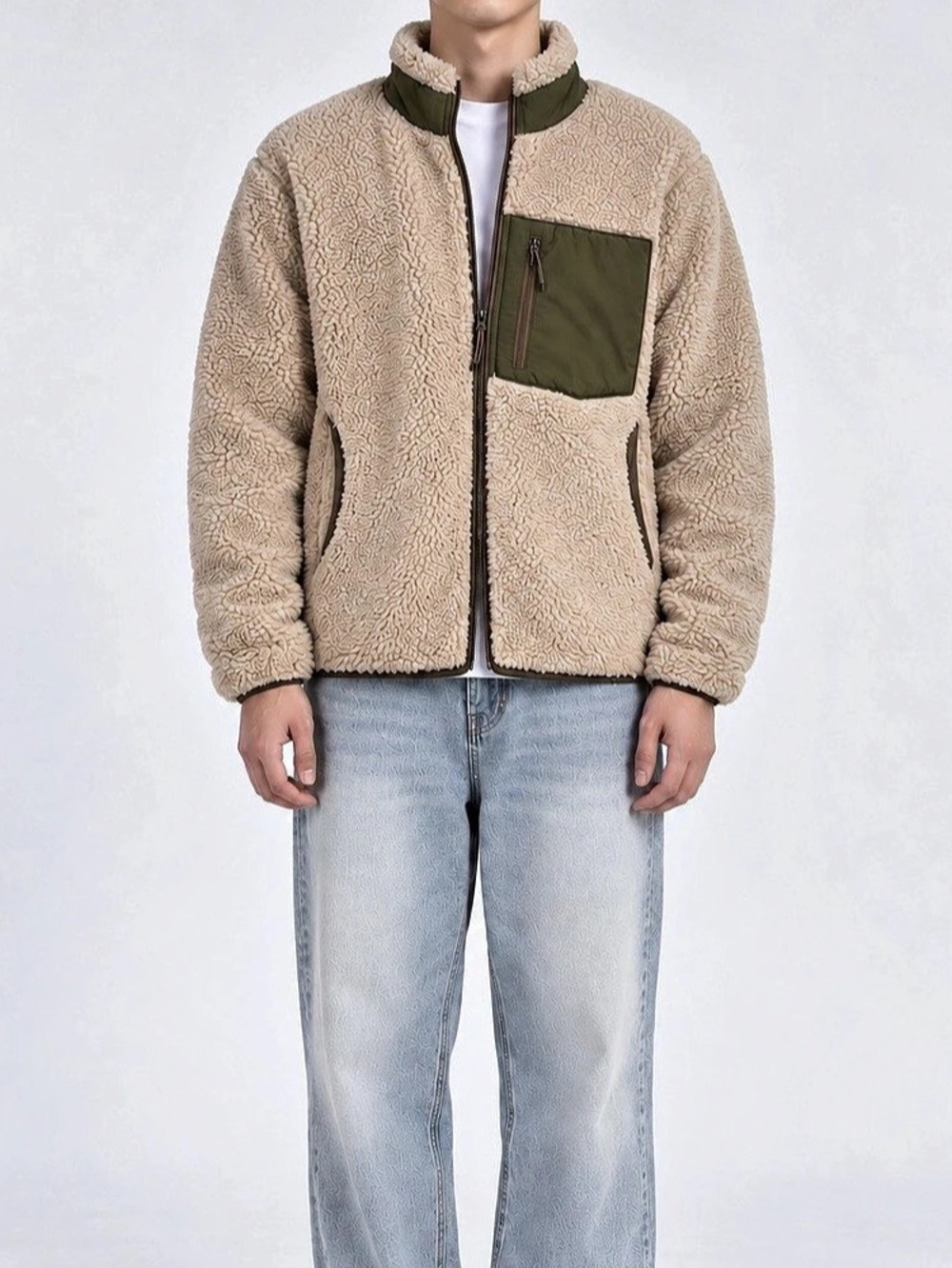 Uniqlo Fleece Teddy Jacket in Beige & Green Size Medium